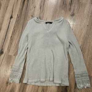 Doe & Rae Light Blue/grey Lace Sleeve Blouse